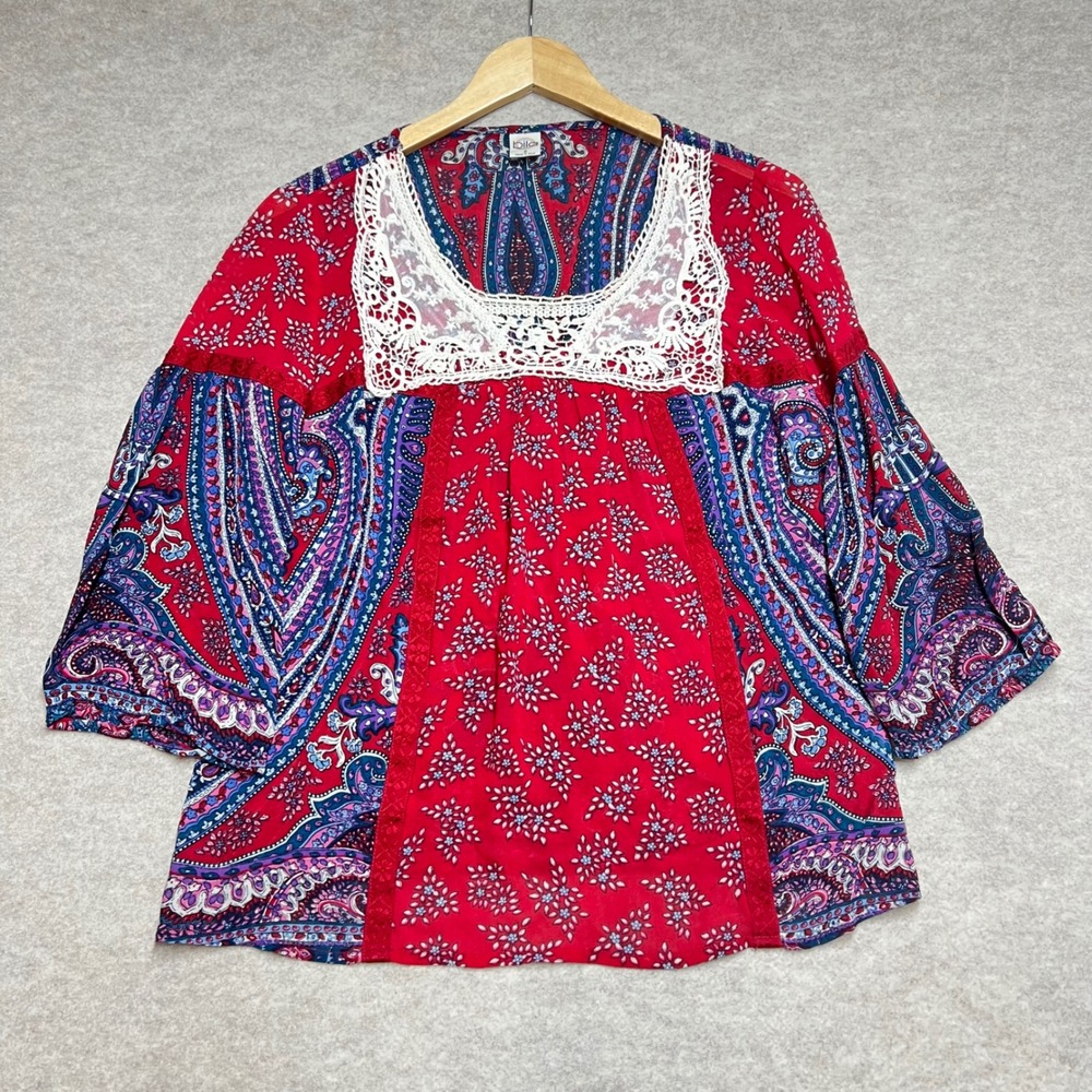 Paisley Red Blue Floral Crochet Festival Boho Peasant Blouse Sz S EUC Hippie